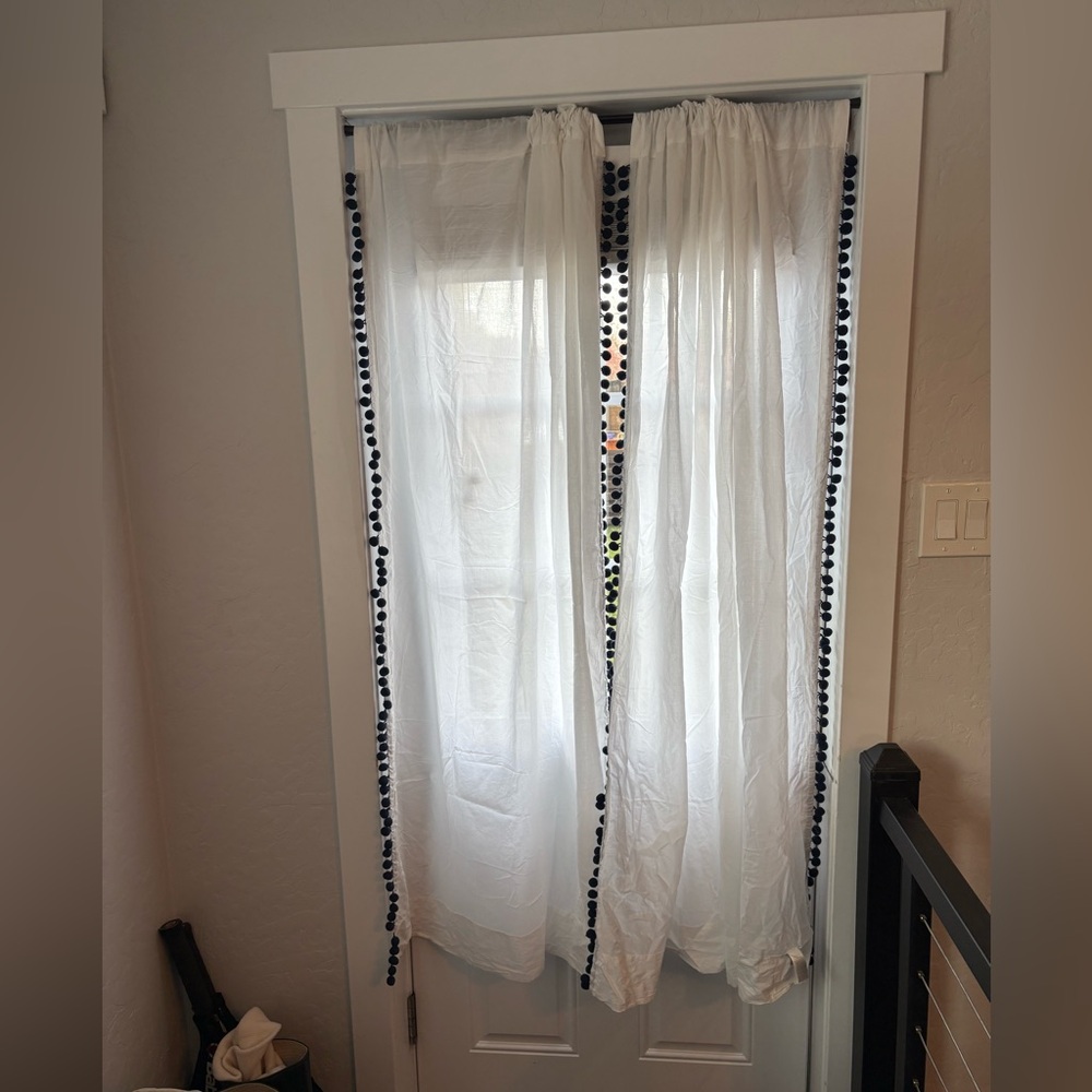 PB Teen Side Pom Rod Pocket Set of 2 Sheer Cotton Curtain Panels 44x64”